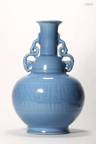 INCISED BLUE GLAZE DOUBLE-EARED VASE