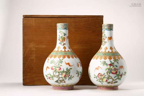 PAIR OF FAMILLE ROSE PEACHES AND BAT VASES