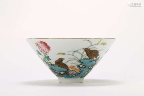 FAMILLE ROSE REED AND WILD GOOSE CONICAL BOWL