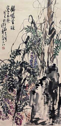 CHINESE FLOWER AND BIRD PAINTING PAPER SCROLL