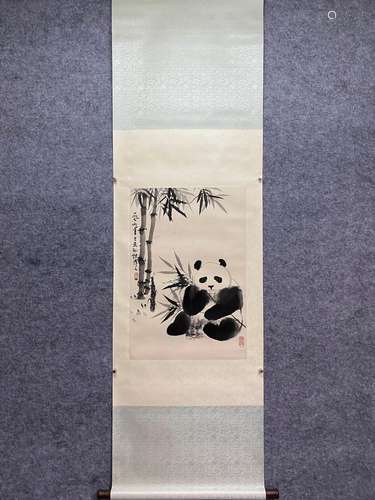 CHINESE PANDA PAINTING PAPER SCROLL, WU ZUOREN MARK