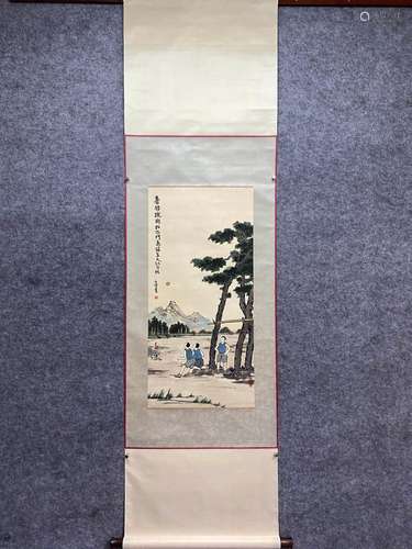 CHINESE FIGURE PAINTING PAPER SCROLL, FENG ZIKAI MARK