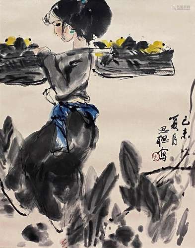 CHINESE FIGURE PAINTING PAPER SCROLL, ZHOU SICONG MARK