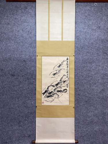 CHINESE SHRIMP PAINTING PAPER SCROLL, QI BAISHI MARK