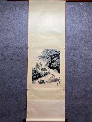 CHINESE HERDING PAINTING PAPER SCROLL, LI KERAN MARK