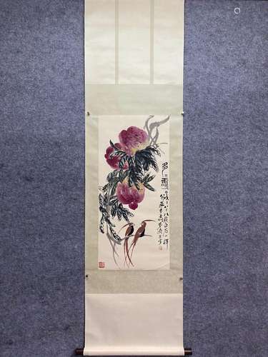 CHINESE FLOWER AND BIRD PAINTING PAPER SCROLL