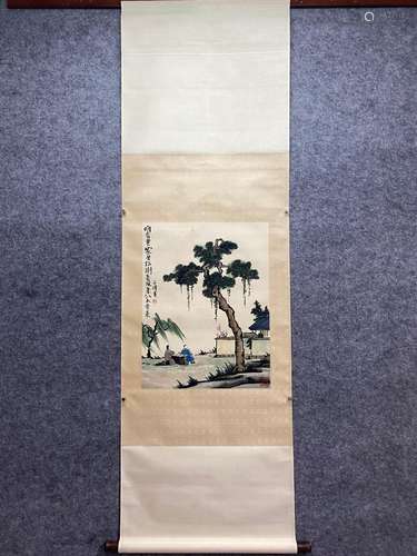 CHINESE FIGURE PAINTING PAPER SCROLL, FENG ZIKAI MARK