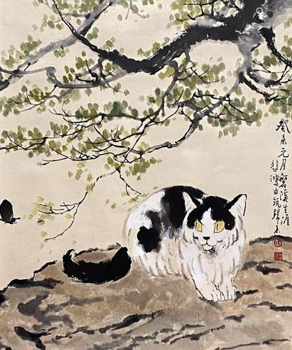 CHINESE CAT PAINTING PAPER SCROLL, XU BEIHONG MARK