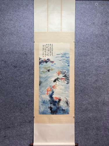 CHINESE FISH PAINTING PAPER SCROLL, WANG YACHEN MARK