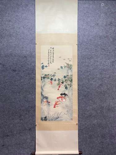 CHINESE FISH PAINTING PAPER SCROLL, WANG YACHEN MARK