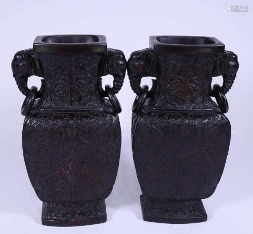 A Pair of Rosewood Carved Elephant-Eared Square Vases