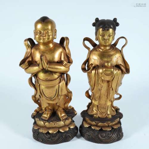 A Pair of Fine Gilt-Bronze Seated On Lotus Golden Boy