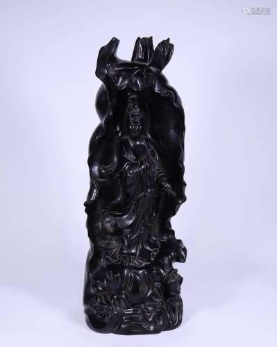 A Delicate Zitan Wood Guanyin in Lotus Niche Statue