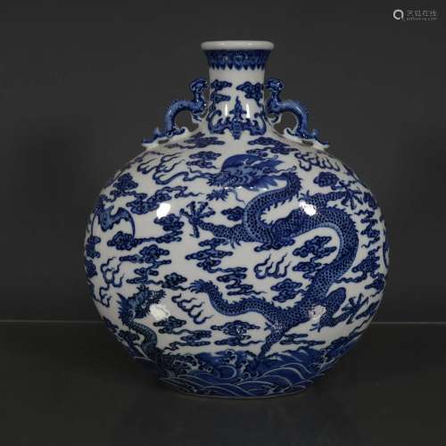 A Blue and White Flask with Clouds and Dragon Patterns
