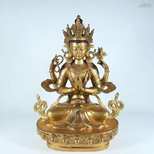 A Rare Gilt-Bronze Seated On Lotus Manjusri Bodhisattva