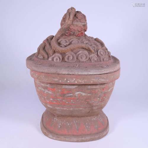 A Fine Sancai Dragon Carved Pot With Cover