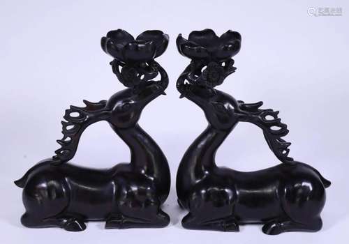 A Pair of Zitan Wood Sika Deer Candle Holders