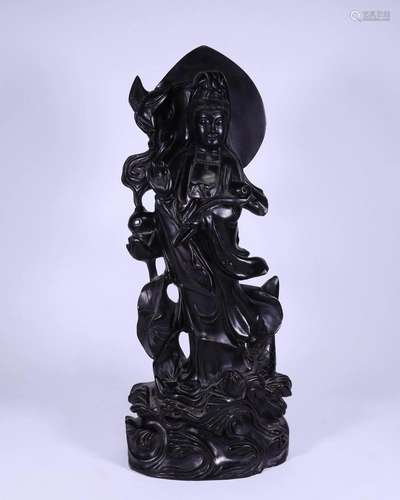 An Awesome Zitan Wood Stand on Lotus Guanyin Statue