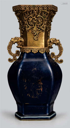 铜镶霁蓝釉描金人物六方瓶  早期购于英国