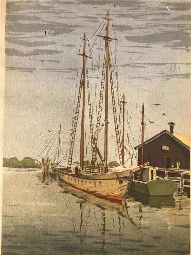 COLOR PRINT OF FISHING BOAT SIGNED BY ANTHONY VELOUIS