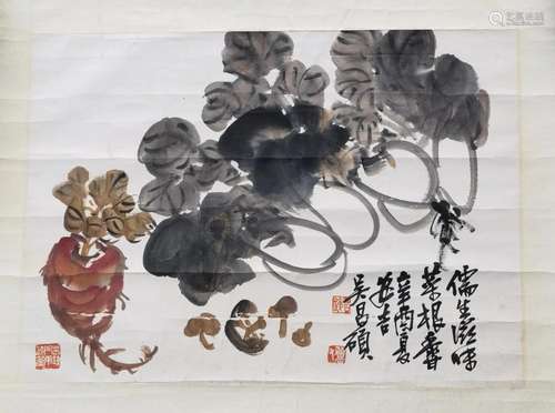 CHINESE SCROLL PAINTING OF RADDISH AND CABBAGE SIGNED