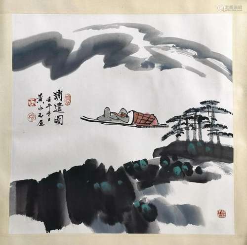 CHINESE SCROLL PAINTING OF MAN ON BOAT SIGNED BY HUANG