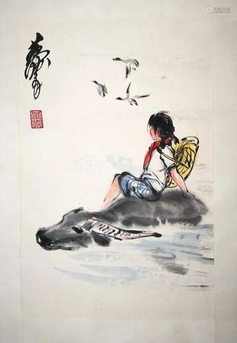 CHINESE SCROLL PAINTING OF GIRL ON OX SIGNED BY