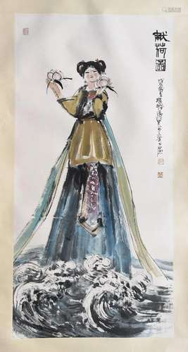 CHINESE SCROLL PAINTING OF GIRL WITH LOTUS SIGNED BY