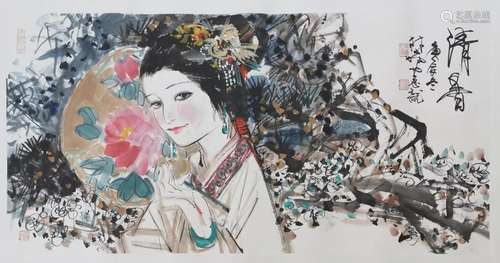 CHINESE SCROLL PAINTING OF GIRL WITH FLOWER SIGNED BY