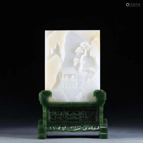 CHINESE WHITE JADE PLAQUE SPINACH JADE TABLE SCREEN