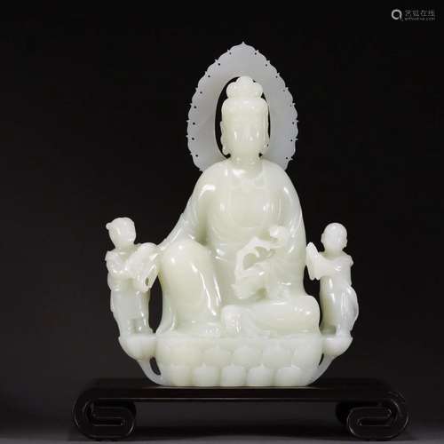 CHINESE WHITE JADE SEATED GUANYIN WITH BOYS