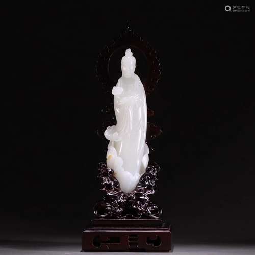 CHINESE WHITE JADE STANDING GUANYIN ON ROSEWOOD STAND