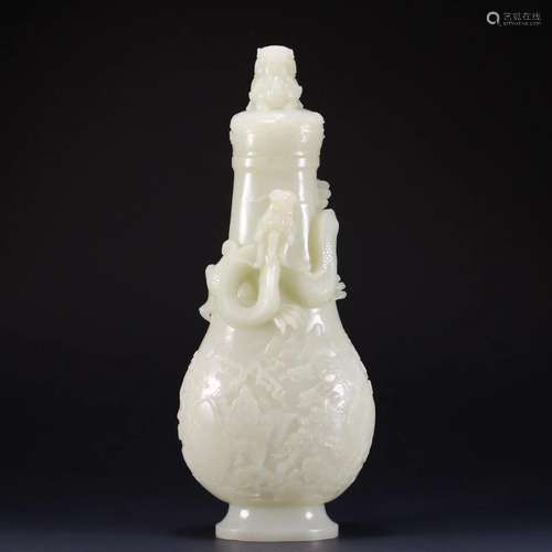 CHINESE WHITE JADE DRAGON LIDDED VASE