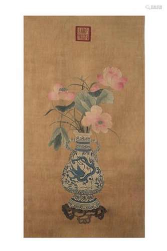 CHINESE KESI EMBROIDERY TAPESTRY OF FLOWER IN VASE QING