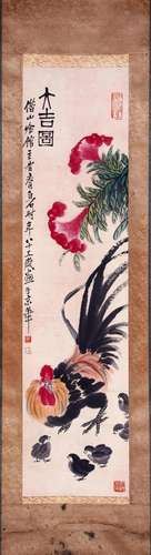 CHINESE SCROLL PAINTING OF CHICKEN AND FLOWER SIGNED BY