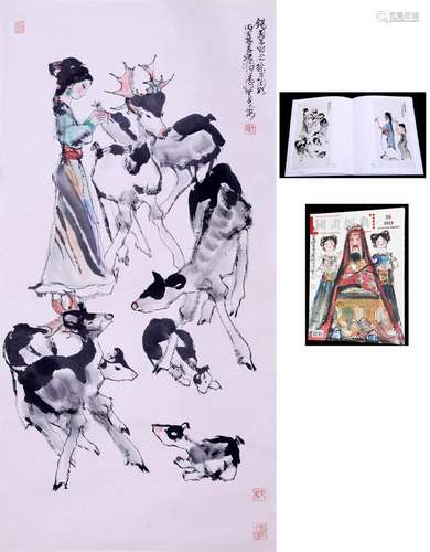 CHINESE SCROLL PAINTING OF GIRL AND DEER SIGNED BY