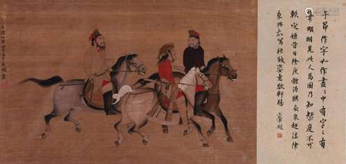 CHINESE SCROLL PAINTING OF PEOPLE ON HORSE SIGNED BY