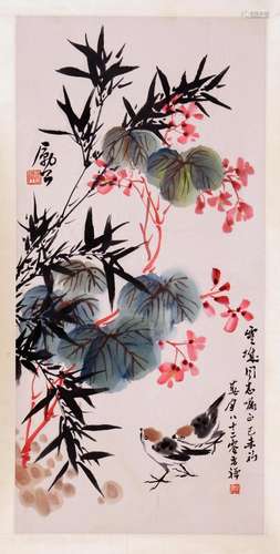 CHINESE SCROLL PAINTING OF BIRD AND FLOWER SIGNED BY LI