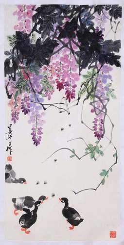 CHINESE SCROLL PAINTING OF DUCK AND FLOWER SIGNED BY