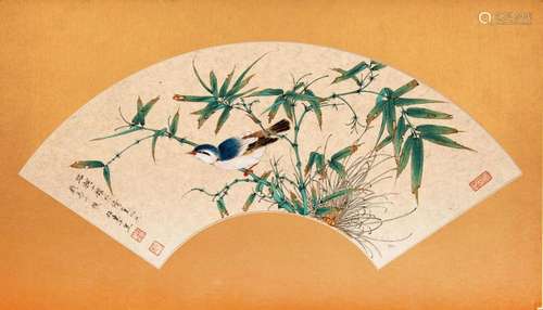 CHINESE FAN PAINTING OF BIRD AND BAMBOO SIGNED BY