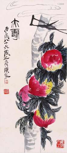 CHINESE SCROLL PAINTING OF PEACH SIGNED BY QI BAISHI