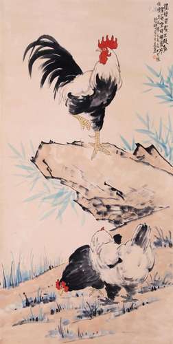 CHINESE SCROLL PAINTING OF ROOSTER ON ROCK SIGNED BY XU