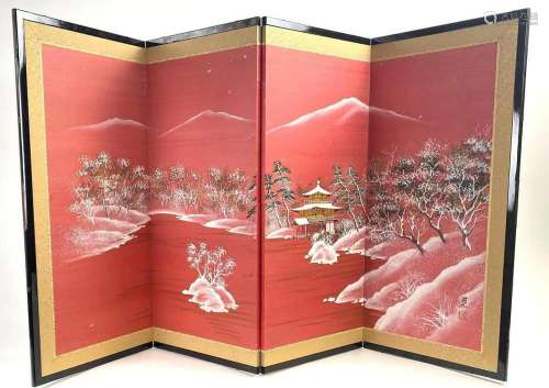 Red Silk Screen with Snowy Scene