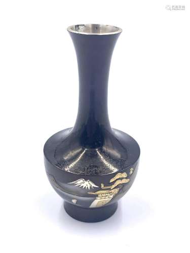 Japanese Black Metal Vase with Landscape Etching