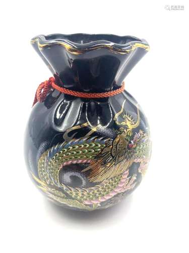 Japanese Porcelain Black Bag Vase with a Dragon