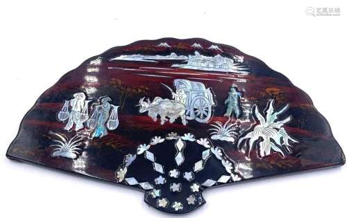Lacquered Wooden Fan with Mother of Pearl Figures