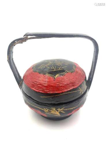 Black and Red painted Basket with Lid and Handle