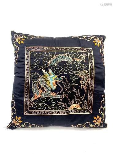 Silk Black Dragon Embroidered Decorative Pillow