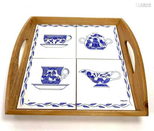 Wooden Blue and White Tiled Tray with Handles