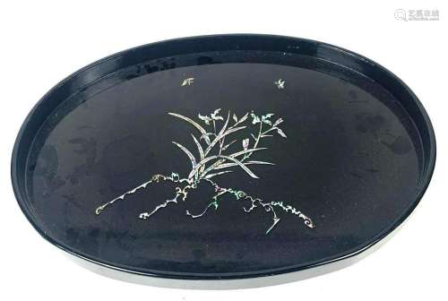 Black Lacquered Tray Decorated w/ Mother of Pearl
